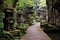 serene temple garden with stone lanterns