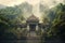 A serene temple nestled in the lush hills realistic tropical background