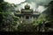 A serene temple nestled in the lush hills realistic tropical background