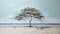 Serene Tree On Beach Ledge: Tranquil Painting In Light Blue And Brown