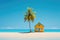A serene tropical beach scene with a tall palm tree and a small yellow house