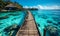 Serene tropical paradise with a wooden pier leading to overwater bungalows in a crystal-clear turquoise sea against a vibrant blue