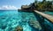 Serene tropical paradise with a wooden pier leading to overwater bungalows in a crystal-clear turquoise sea against a vibrant blue