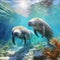 Serene underwater scene with manatees and dugongs