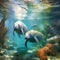 Serene underwater scene with manatees and dugongs