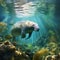Serene underwater scene with manatees and dugongs