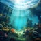 serene underwater scene with stones, seaweeds, fishes, Generative AI