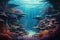 serene underwater scene with stones, seaweeds, fishes, Generative AI