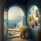 A serene view of the turquoise sea from a white-washed balcony in Santorini, Greece. AI Illustration