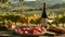 Serene vineyard picnic setup with wine and charcuterie. ideal for travel and culinary themes. captures the essence of