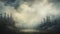 Serene Visuals: A Frostpunk-inspired Painting Of Trees, Clouds, And Water