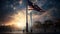 A serene war memorial with a flag at half-mast