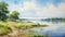 Serene Watercolor Coastline Painting With Park, Lake, Field, And River