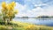 Serene Watercolor Landscape: Dnieper River Garden With Willow And Poplar Trees