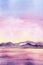 Serene watercolor landscape. Mountain chain and calm water reflecting tender blue, pink and lilac sunset sky. Abstract