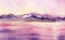 Serene watercolor landscape of mountains. Mountain chain and calm water reflecting colorful delicate sunset sky