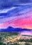 Serene watercolor landscape of swampy lake, blurry mountains and colorful sunrise sky of pink and blue shades with