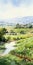 Serene Watercolor Landscape: Vineyard With River