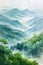 Serene watercolor painting of lush green valleys and misty mountains.