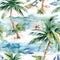 A Serene Watercolor Painting of Palm Trees Swaying in the Breeze by the Seaside