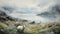 Serene Watercolor Painting of Scottish Highlands with Sheep and Thistle AI Generated