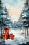 Serene watercolor pastel Christmas background with red gift boxes in a forest