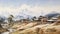Serene Watercolor Village In The Mountains: Kangchenjunga Sketch