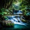 Serene waterfall cascading through a lush forest