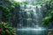 Serene Waterfall Oasis in Lush Green Forest with Sunlight Peeking Through Mist Nature\\\'s Majestic Beauty Captured