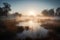 serene wetland at dawn with mist rising from the water