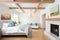 serene white bedroom with wooden beams