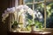 Serene White Flower Arrangement on Vintage Side Table in Sun-Drenched Room