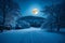 A serene winter landscape with a bright full moon on New Year\\\'s