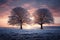 A serene winter landscape, a lone tree bathed in late evening snowfall