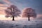 A serene winter landscape, a lone tree bathed in late evening snowfall