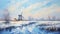 Serene Winter Landscape Oil Painting With Windmill - Delicate Impressionism