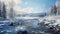 Serene Winter Landscape: Unreal Engine Rendering Of An Icy Stream