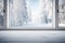 A serene winter scene viewed through a white wooden window frame