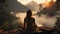 Serene Woman Meditating On Mountain Ledge In Foggy Scene
