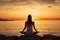 A serene woman sits on a rock, watching the sunset over the ocean, A young woman practicing yoga in the Natarajasana position,