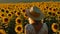 A serene woman in a straw hat enjoys the sunflower meadow generated by AI