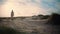 Serene woman walking sand dunes. Calm model silhouette enjoying seaside morning