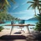 Serene Workspace: Office Desk Overlooking Tranquil Tropical Beach