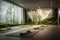 A serene yoga studio with a 3D wall portraying a peaceful nature scene,