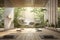 A serene yoga studio with a 3D wall portraying a peaceful nature scene,