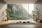 A serene yoga studio with a 3D wall portraying a peaceful nature scene,