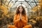 Serene Young Woman Practicing Relaxation Yoga in Tranquil Greenhouse with Warm Autumnal Bright Light