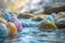 A serene Zen garden scene with Easter eggs painted in calm, soothing colors flowing water