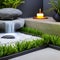 A serene Zen meditation space with a rock garden, bamboo water fountain, and floor cushions1