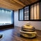 A serene Zen meditation space with a rock garden, bamboo water fountain, and floor cushions2